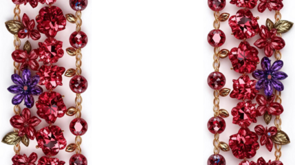 Decorative borders made of red and purple floral gemstones and gold beads