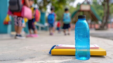 Bright Blue Water Bottle on School Books with Children Playing in Background at Outdoor Playground in Sunny Day