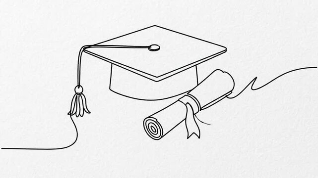 One continuous line drawing of graduation hat Concept of student of university college and school Doodle vector illustration cap and diploma one line continous vector illustration hand drawn line 4K