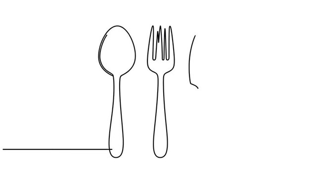 one continuous line drawing of fork and spoon on white background Cooking kitchen and table manner Spoon fork and knife in continuous line drawing  Line art silhouette of cutlery 4K 10s