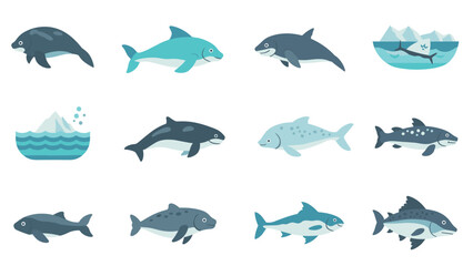 Fototapeta premium Diverse marine wildlife icons in flat style featuring whales, sharks, and fish