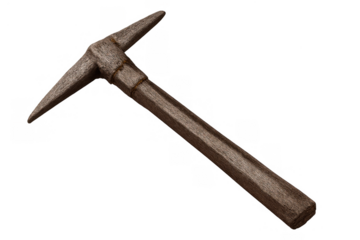 Old pickaxe tool for mining and digging in construction, prospecting, and resource extraction, with transparent background