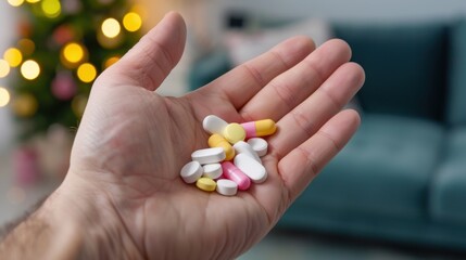 Hand Holding Assorted Colorful Pills in a Cozy Living Room with Christmas Decor and Soft Lighting