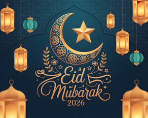 Elegant Eid Mubarak 2026 Celebration Greeting with Golden Crescent Moon and Stars