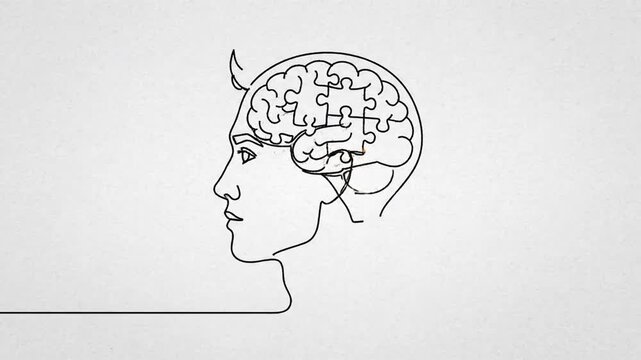 Head with puzzle pieces in one line drawing Solving psychological challenges and finding balance Alzheimer s day simple background web banner poster with brain and puzzle One continuous line draw 4K