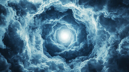 Swirling blue clouds forming a dynamic vortex with a glowing bright center, creating a dramatic, ethereal, and visually striking sky or abstract background.
