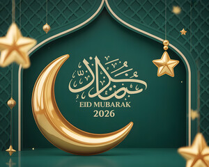 Elegant Eid Mubarak 2026 Celebration Greeting with Golden Crescent Moon and Stars