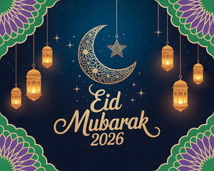 Elegant Eid Mubarak 2026 Celebration Greeting with Golden Crescent Moon and Stars