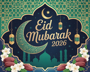 Elegant Eid Mubarak 2026 Celebration Greeting with Golden Crescent Moon and Stars