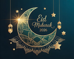 Elegant Eid Mubarak 2026 Celebration Greeting with Golden Crescent Moon and Stars