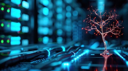 Futuristic Concept of Technology and Nature Integration with a Digital Tree in a Server Room Environment