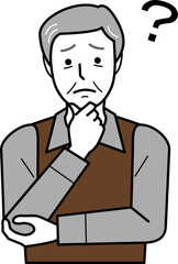 正面向き。あごに手をあて、悩み顔のシャツとベストを着た高齢男性。