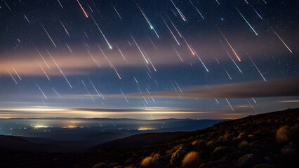 A stunning long-exposure night photography showing a heavy meteor shower with multicolored light trails streaking across a starry sky. The scene overlooks a dark mountain range and a valley filled wit