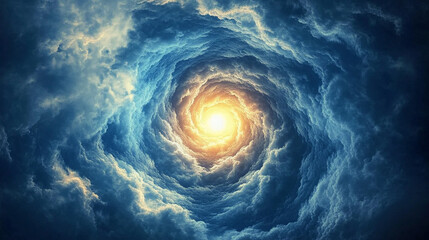 Swirling blue clouds forming a dynamic vortex with a glowing bright center, creating a dramatic, ethereal, and visually striking sky or abstract background.
