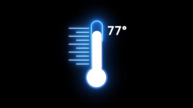 Neon Medical thermometer icon animation. Digital Temperature Meter Display 77&deg;C. Thats indicates weather temperature 77 degree increse or decline.
