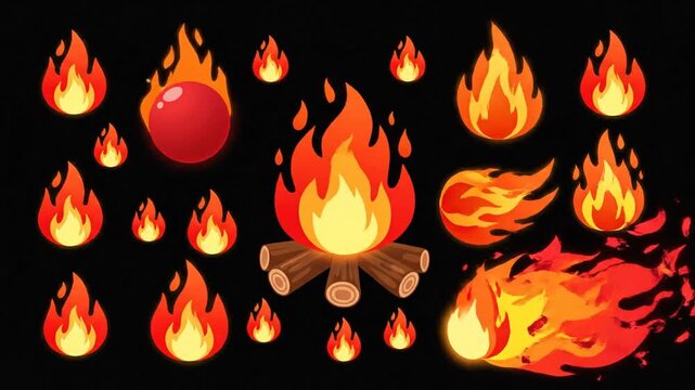 Fire icons Fire icon vector set Fire flame symbol Flame icon collection Cartoon campfire Fire flames bright fireball heat wildfire and red hot bonfire campfire red fiery flames isolated 4K 10s