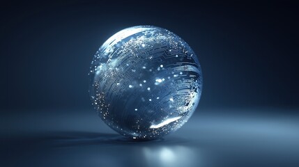 Clear glass sphere with blue circuit patterns and lighting on a dark background as a symmetrical centralized composition.
