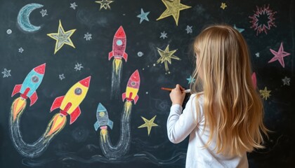 Little girl draws colorful rockets and stars on dark blackboard. Kid uses chalk for space drawing. Childhood creativity, imagination, learning and dream concept.