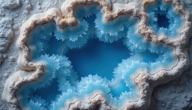 Close-up view of blue agate geode section. Intricate layers of light, dark blue crystals form around central void. Rough, textured exterior contrasts with smooth inner bands, sharp crystalline edges.