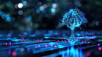 Glowing Tree with Digital Nodes on a Colorful Background, Symbolizing Technology and Nature Integration