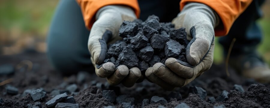 Gardener holds handful of charcoal pieces. Person wearing work gloves examines dark fuel material. Sustainable agriculture concept with soil and carbon chunks.