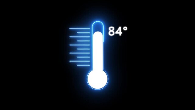 Neon Medical thermometer icon animation. Digital Temperature Meter Display 84&deg;C. Thats indicates weather temperature 84 degree increse or decline.