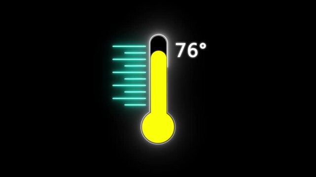 Neon Medical thermometer icon animation. Digital Temperature Meter Display 76&deg;C. Thats indicates weather temperature 76 degree increse or decline.