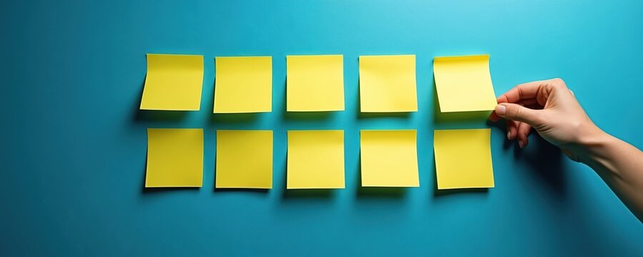 Yellow sticky notes arranged on a blue wall. Hand places last note for planning or idea organization. Simple reminder system for tasks or projects.