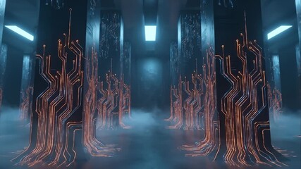 Abstract Interior Hallway of Data Servers With Glowing Circuit Boards - Powered by Adobe