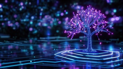Futuristic Digital Tree with Glowing Lights in a High-Tech Circuit Board Environment