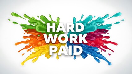 A vibrant explosion of colorful paint splashes dynamically surrounds and highlights the text hard work paid