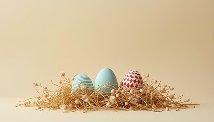 Three decorative Easter eggs in a stylized nest on beige background.