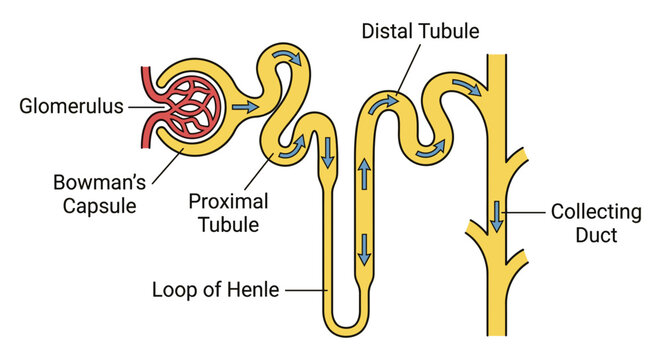 Nephron anatomy diagram showing kidney filtration process vector illustration