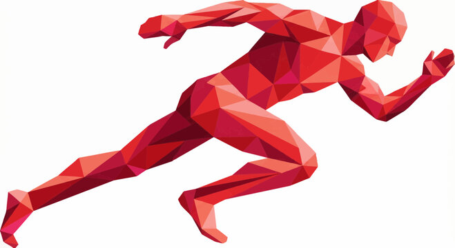 Red athletic man sprinting low poly vector illustration