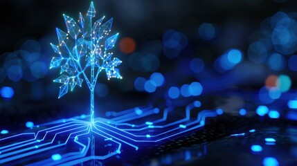 Futuristic Digital Tree with Glowing Circuitry Elements on Abstract Tech Background