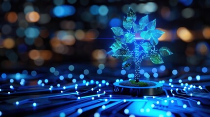 Digital Tree Growing from Circuit Board with Glowing Blue Lights in Futuristic Background