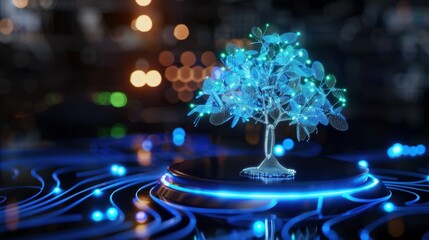 Futuristic Neon Tree with Glowing Leaves and Technological Background in Digital Environment
