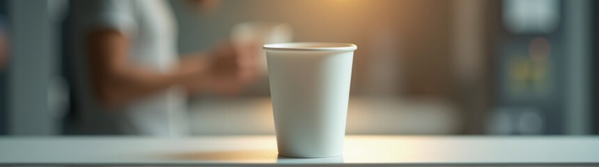 White cup sitting on a table with a blurry background