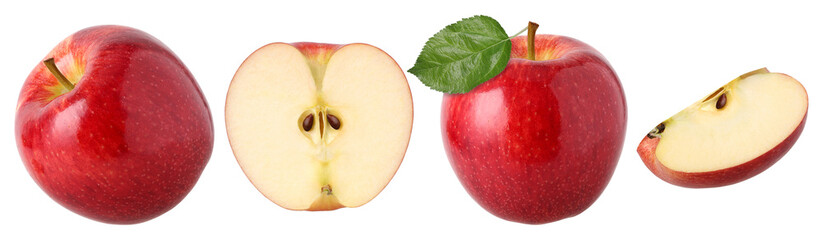Red apple with leaves  isolated, transparent PNG, PNG format