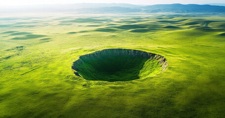 Dramatic aerial view of a vast green field featuring a massive crater in the center, showcasing a unique geological formation from a wide perspective in a pristine natural environment.