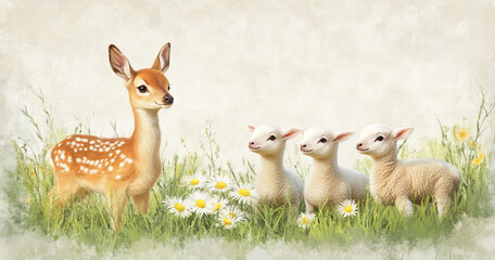 Naklejka premium Adorable baby deer rests in a meadow of white daisies alongside two small ducklings and three fluffy lambs, creating a gentle and charming scene of young animals in a spring field.