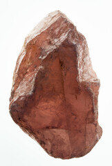 High key studio photograph of a natural pink Himalayan salt crystal featuring translucent textures and organic mineral layers on white