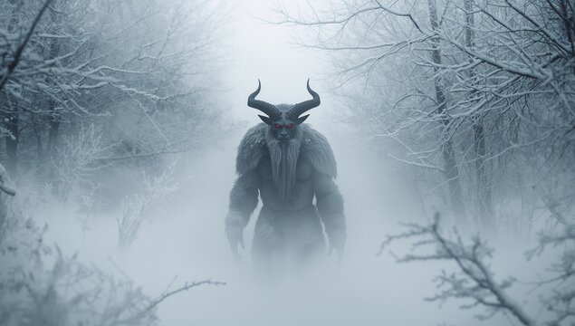 Powerful Krampus walking forward through deep snow in a winter forest, surrounded by mist and falling snow, portraying a dramatic and cinematic interpretation of folklore mythology.