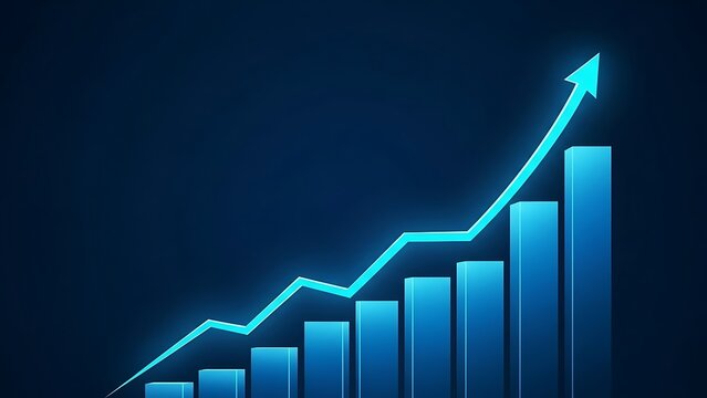 Blue bar graph with upward trending line and arrow on dark blue background chart bar chart