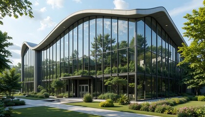 Fototapeta premium Modern Sustainable Office Building with Glass Facade and Green Landscaping. Contemporary Corporate Architecture Design Featuring Eco-Friendly Workspace and Sunny Garden Entrance.