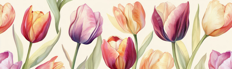 Vintage floral pattern featuring colorful tulips in a soft watercolor style on a cream colored background, designed as a classic spring wallpaper for elegant home decor and wall art.