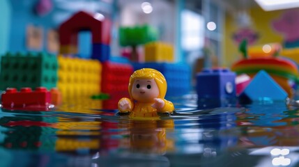 Fototapeta premium Child Playing in Colorful LEGO Toy Water Scene with Bright Background and Fun Elements for Kids Activities