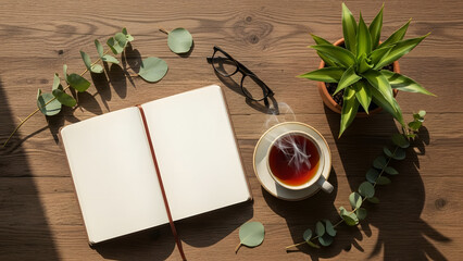 A serene flat lay of an open blank journal, a steaming cup of tea, eyeglasses, and green plants on a warm wooden desk.