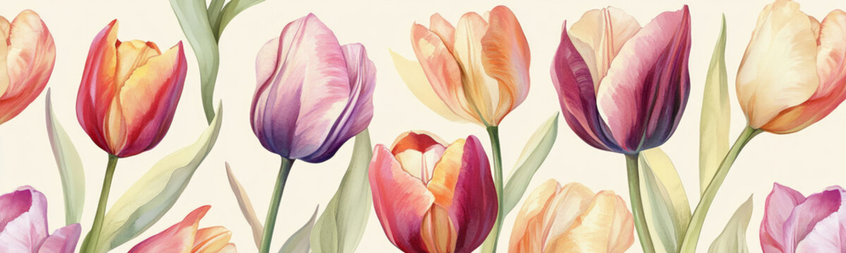 Vintage floral pattern featuring colorful tulips in a soft watercolor style on a cream colored background, designed as a classic spring wallpaper for elegant home decor and wall art.