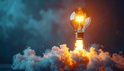 Modern glowing light bulb liftoff with vapor trail symbolizing innovation and creativity for premium corporate and tech marketing content editor